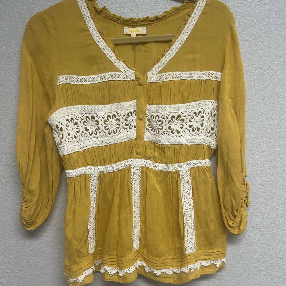 BEKKA Mustard Yellow Soft Cotton  and Lace Cottagecore Peasant Babydoll Top Sz M